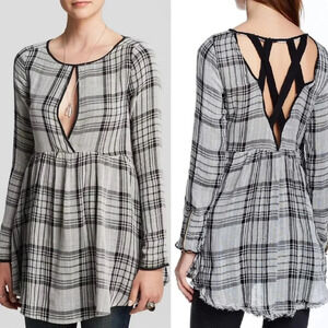 Free People | Black/Ivory Swing Me Baby Frayed Hem Keyhole Tunic - Size M